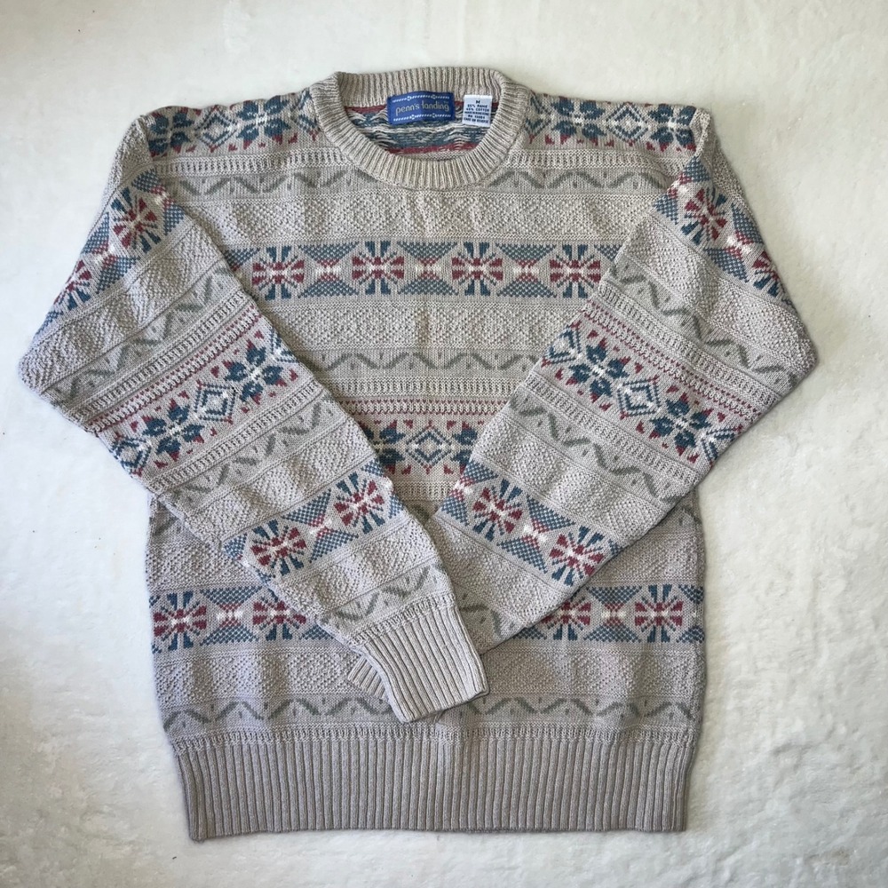 Penns Landing Vintage Mens Medium Fair Isle Geometric Knit Sweater Grandpacore‎